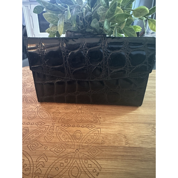 Vintage Balenciaga 1980s Signature Croc Embossed Black Leather Wallet Clutch Lg - Picture 2 of 16